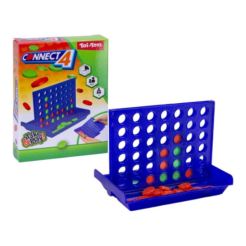 Jogo de Viagem Connect 4 Jogo Connect 4 em plástico azul com discos vermelhos e verdes e embalagem colorida