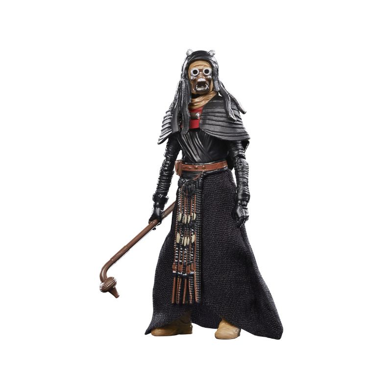 Star Wars: The Book of Boba Fett Vintage Collection Action Figure Tusken Warrior Figura de ação com roupas pretas, máscara assustadora e bastão em fundo branco.