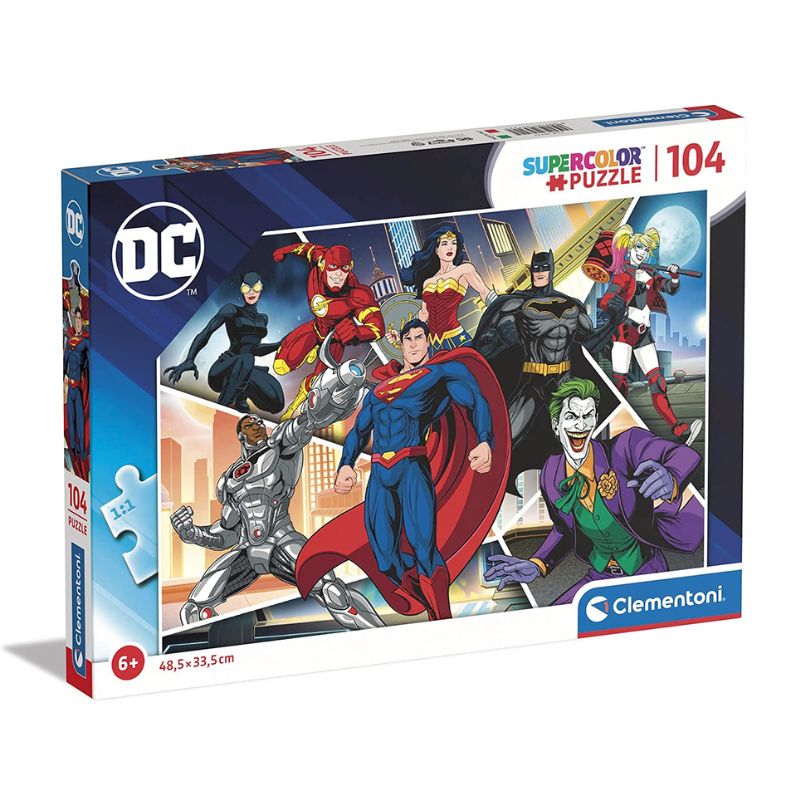 Puzzle DC Comics Caixa de puzzle DC Comics de 104 peças da Clementoni com personagens de super-heróis