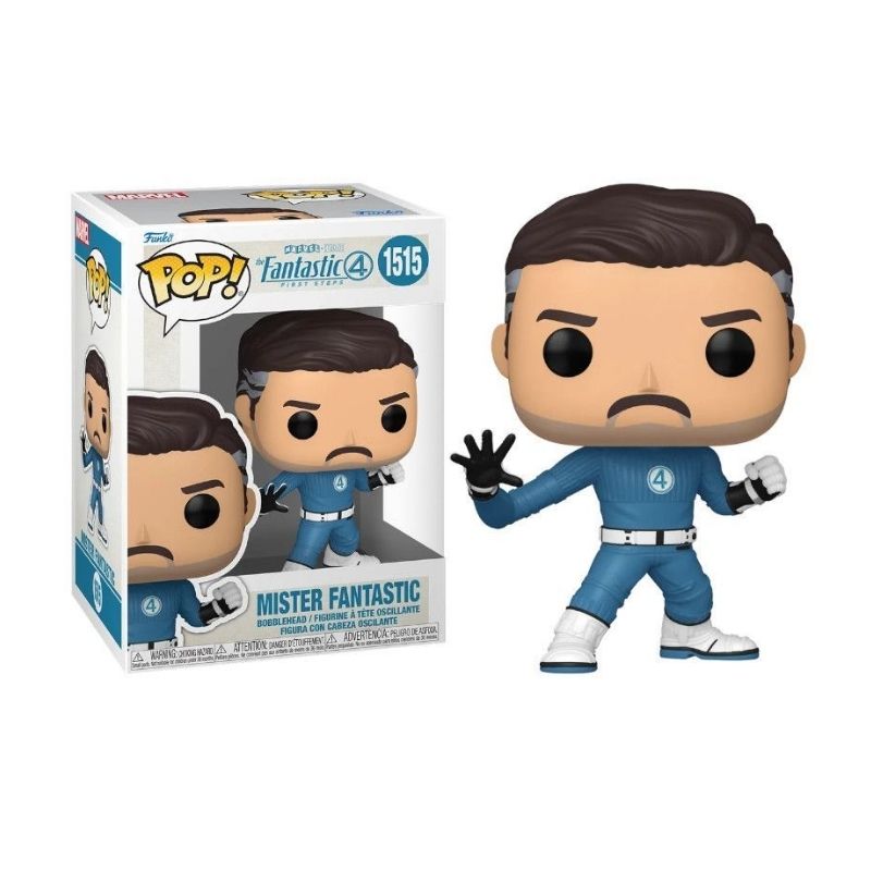 Funko POP! Marvel: The Fantastic Four: First Steps - Mister Fantastic Figura Funko Pop! Mister Fantastic com fato azul e embalagem branca.