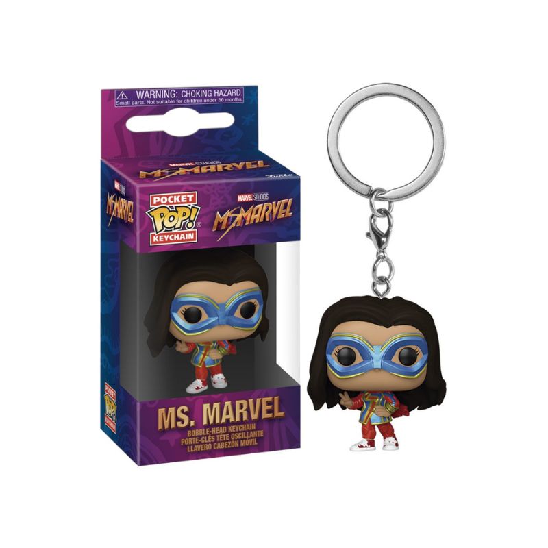 Funko POP! Keychain: Ms. Marvel Chaveiro Funko Pop Pocket Ms. Marvel com máscara azul e roupa vermelha em embalagem