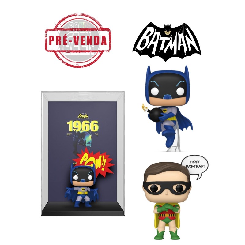 PRÉ-VENDA Funko POP! Heroes: Batman 1966 Figuras de vinil Funko Pop Batman e Robin 1966 com moldura decorativa e textos POW e HOLY BAT-TRAP