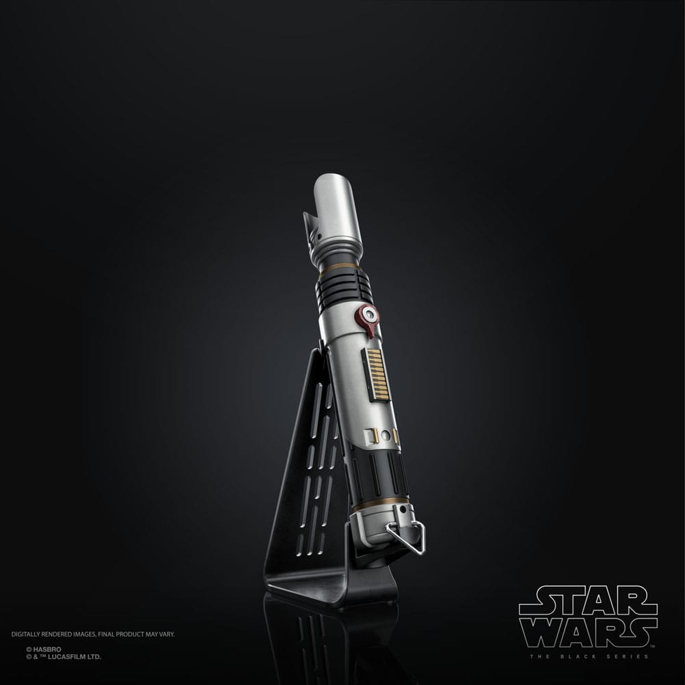 Star Wars: Ahsoka Black Series Replica Force FX Elite Lightsaber Sabine Wren Sabre de luz prateado e preto com detalhes dourados e vermelhos em base preta sobre fundo preto