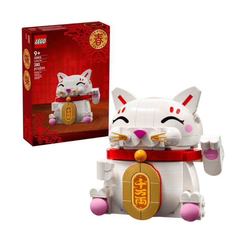 Lego 40813 - Gato da Sorte Conjunto LEGO gato da sorte branco, rosa, vermelho e dourado com caixa vermelha