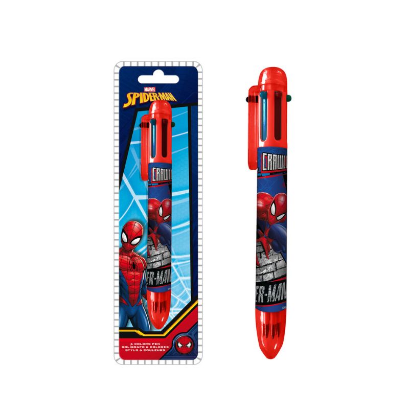 Caneta Marvel Spider-Man (6 Cores) Caneta vermelha do Homem-Aranha com várias cores e embalagem azul com ilustração do personagem