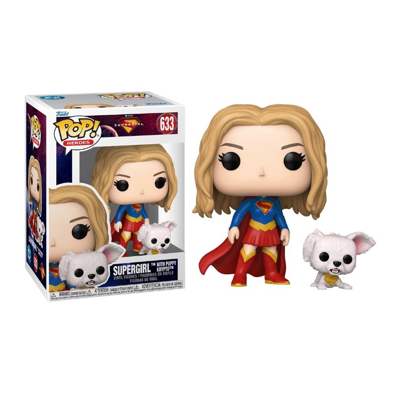 Funko POP! Heroes: Supergirl (2026) - Supergirl with Puppy Krypto Figura Funko Pop de Supergirl com cão Puppy Krypto à frente da caixa