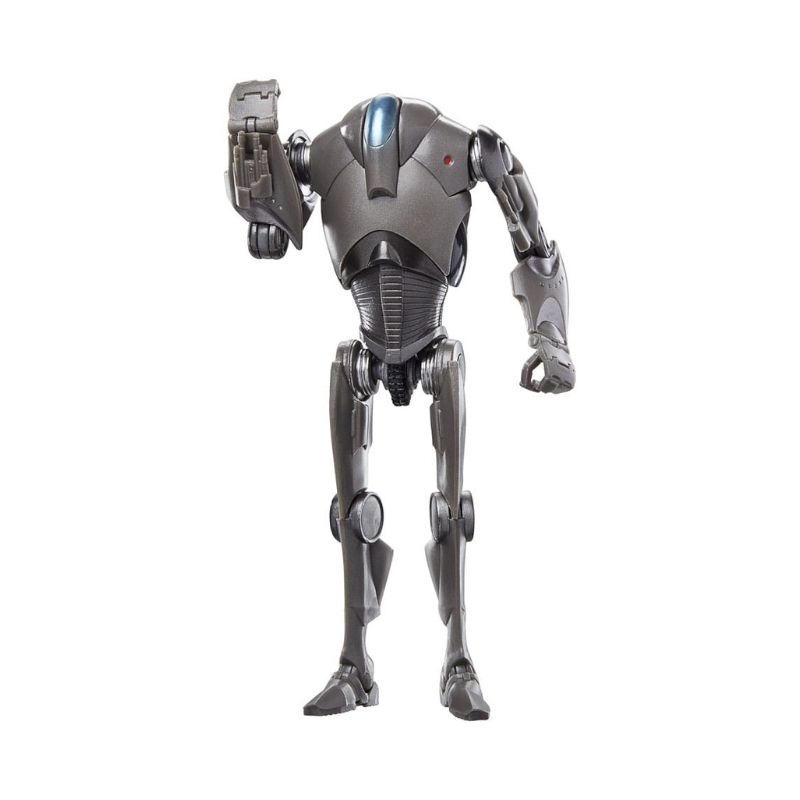 Star Wars Episode II Black Series Action Figure Super Battle Droid Figura robô articulado cinza metálico com detalhes azuis, em pé com braço direito levantado