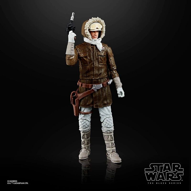 Star Wars Black Series Action Figure - Han Solo (Hoth) Figura de ação Star Wars com roupas brancas e castanhas e arma, fundo preto