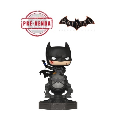 Figura colecionável do Batman em preto em cima de projetor de luz com símbolo de morcego e texto PRE-VENDA.