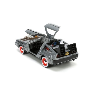 Miniatura de carro cinzento com portas e motor abertos em fundo branco