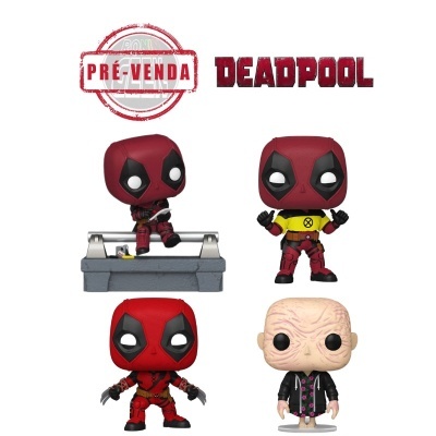 Bonecos Funko Pop de Deadpool e outro personagem com roupa preta e pele enrugada