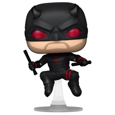Figura Funko Pop do Daredevil em traje preto e vermelho com máscara e bastões