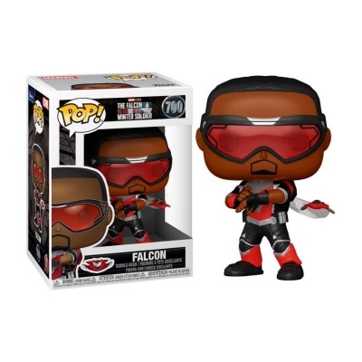 Boneco Funko Pop! do personagem Falcon com máscara vermelha e roupa preta e vermelha