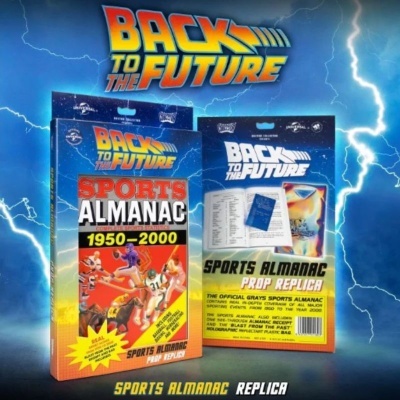Capa ilustrada do Sports Almanac de 'Back to the Future' com texto e fundo azul e amarelo