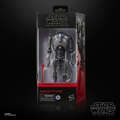 Figura Super Battle Droid Star Wars na embalagem preta e vermelha com janela transparente