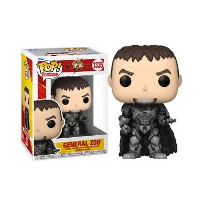 Figurina de vinil de General Zod com armadura preta e capa, ao lado da caixa colorida com texto POP! MOVIES e GENERAL ZOD