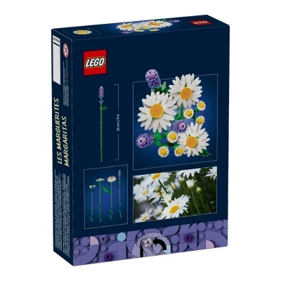 Caixa azul LEGO com flores margaritas feitas de peças LEGO e texto em francês e espanhol.
