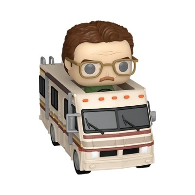 Figura Funko Pop num carrinha autocaravana creme com riscas castanhas, amarelas e vermelhas.