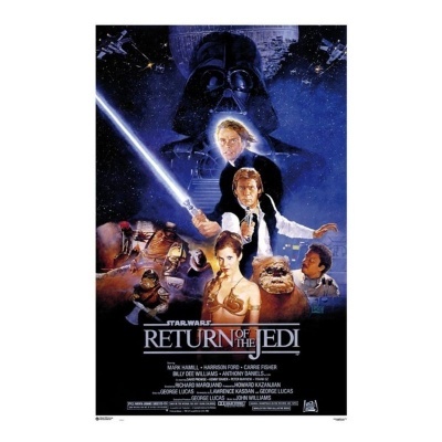 Cartaz do filme Star Wars Return of the Jedi com personagens principais e fundo estrelado