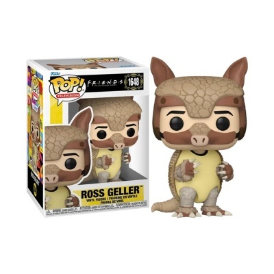 Figura de vinil Funko Pop! de Ross Geller com fantasia de dinossauro junto à caixa.