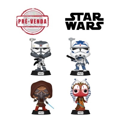 Quatro figuras Funko Pop de Star Wars com base preta e selo PRÉ-VENDA em fundo branco
