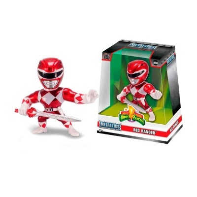 Figura colecionável Red Ranger metálica ao lado da embalagem