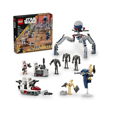 Conjunto LEGO Star Wars com mini-figuras e veículos em frente à embalagem
