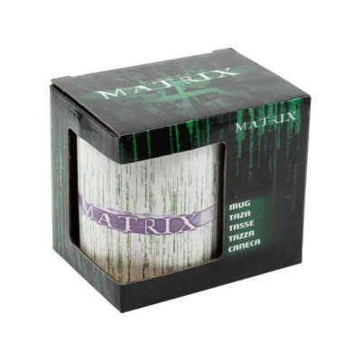 Caneca branca MATRIX numa caixa preta com padrão digital verde