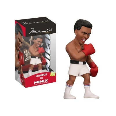 Figura colecionável de Muhammad Ali com luvas vermelhas em pose de boxe e embalagem