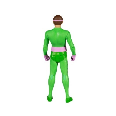 Boneco de ação com fato verde e cinto cor de rosa visto de costas