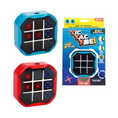 Dois jogos eletrónicos de jogo da velha em plástico com molduras coloridas e embalagem azul.