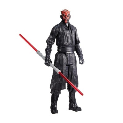 Figura de ação personagem com roupa preta e arma vermelha