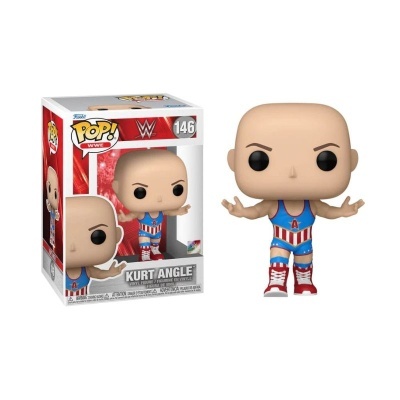 Figura POP de vinil Kurt Angle WWE com fato azul e vermelho dentro da caixa