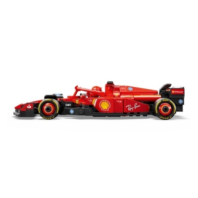 Modelo LEGO de carro de Fórmula 1 Ferrari vermelho com várias marcas