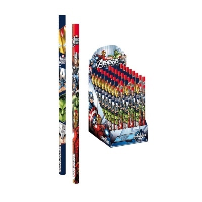 Lápis dos Avengers com personagens coloridos em expositor azul