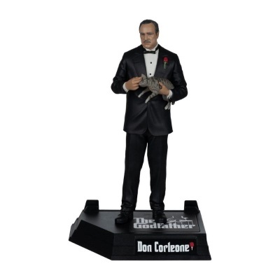 Figura de Don Corleone em fato preto segurando gato cinzento em base preta com texto The Godfather Don Corleone