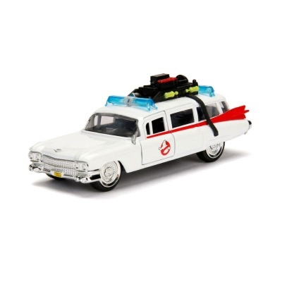 Miniatura de carro branco dos Ghostbusters com símbolos e equipamentos no tejadilho
