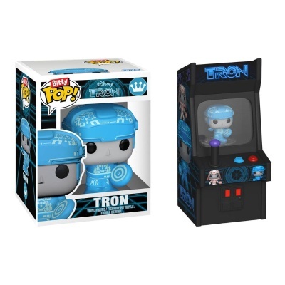 Figura colecionável Bitty Pop! personagem TRON azul em caixa e máquina de arcade