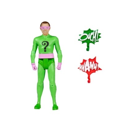 Figura de ação verde com máscara e dois balões de texto 'OUCH!' e 'WHAM!' coloridos