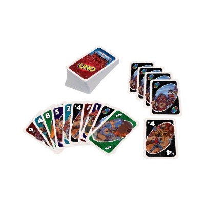 Jogo de cartas UNO com cartas coloridas e numeradas em fundo branco