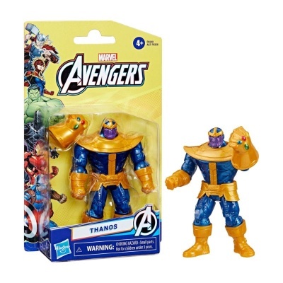 Figura de ação Thanos azul e dourado com luva do infinito multicolorida em embalagem Marvel Avengers