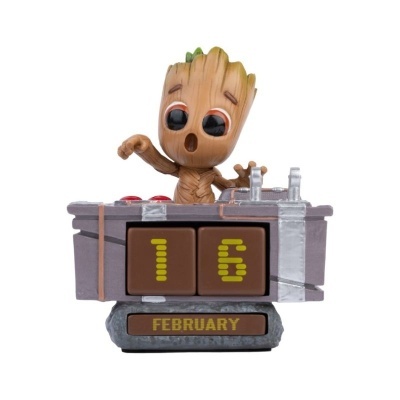 Calendário com boneco Groot mostrando a data 16 de fevereiro