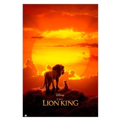 Poster do filme The Lion King com leão e leão jovem ao pôr do sol
