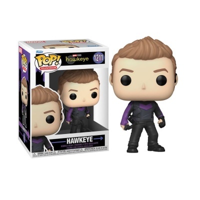 Figura Funko Pop! do Hawkeye com roupa preta e roxa, em frente à caixa com o mesmo design