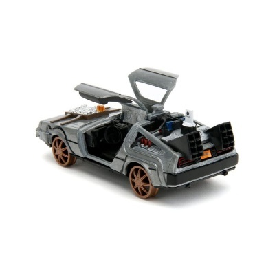 Miniatura de carro do filme Regresso ao Futuro em metal cinzento com portas abertas