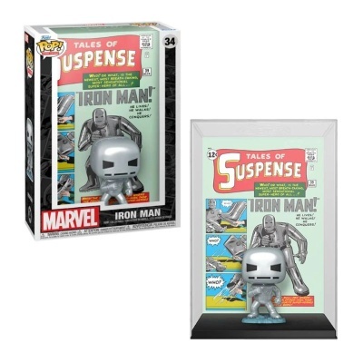 Figura Funko Pop em vinil Iron Man com arte da revista Tales of Suspense em caixa e suporte