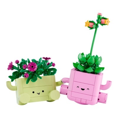 Duas figuras Lego em forma de vasos sorridentes com flores e folhas