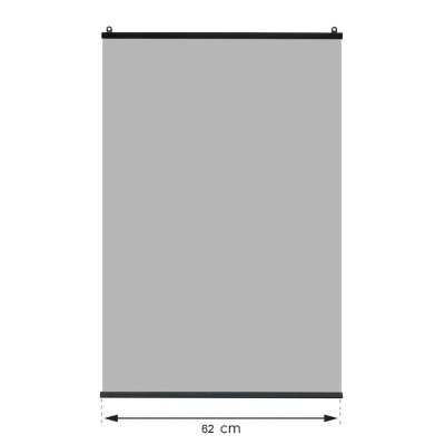 Tela cinza com barra preta superior e inferior e largura de 62 cm mostrada