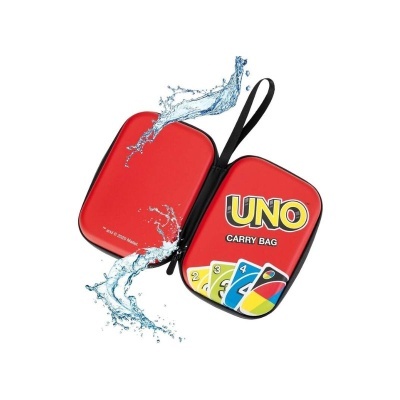 Mala de transporte vermelha UNO com ilustração de cartas e fecho preto