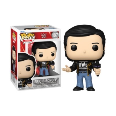 Figura Funko Pop WWE Eric Bischoff número 187 com casaco preto e calças azuis segurando microfone